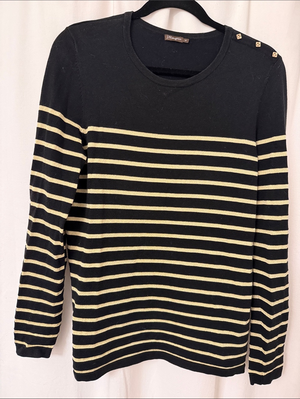 J. McLaughlin Black Crewneck Sweater with Gold Stripes and Shoulder Buttons